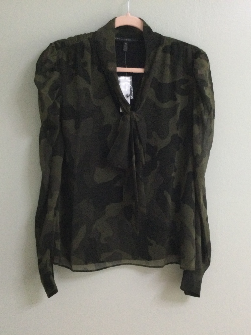 WHBM Camo Blouse w/Puffed Sleeves, Neck Tie, Sheer Sleeves, NWT